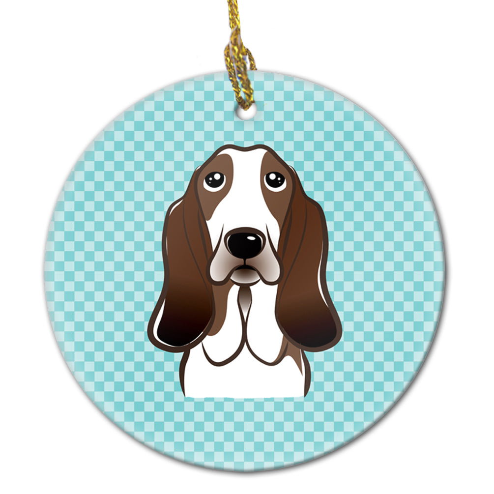 Checkerboard Blue Basset Hound Ceramic Ornament Christmas Tree Hanging Decorations for Home Christmas Holiday, Party, Gift, 3 in, Multicolor