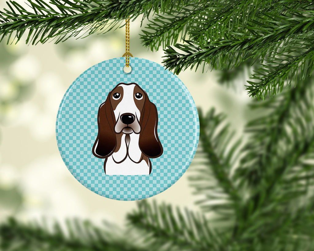 Checkerboard Blue Basset Hound Ceramic Ornament Christmas Tree Hanging Decorations for Home Christmas Holiday, Party, Gift, 3 in, Multicolor