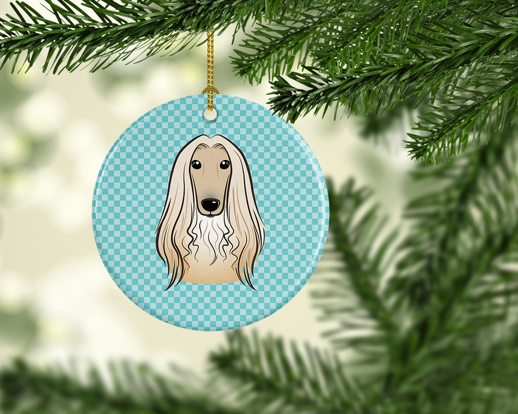 Checkerboard Blue Afghan Hound Ceramic Ornament Christmas Tree Hanging Decorations for Home Christmas Holiday, Party, Gift, 3 in, Multicolor