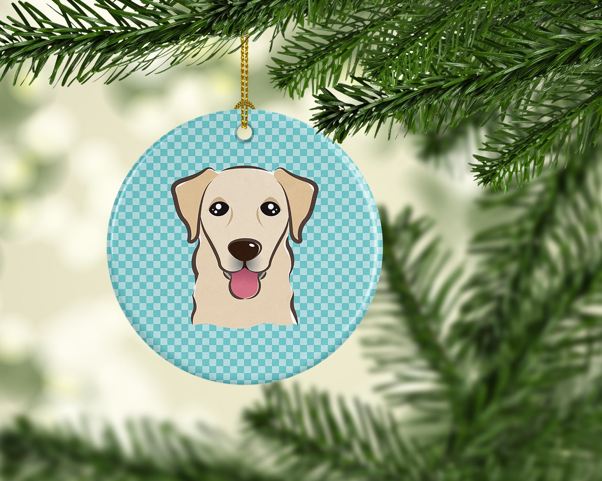 Checkerboard Blue Golden Retriever Ceramic Ornament Christmas Tree Hanging Decorations for Home Christmas Holiday, Party, Gift, 3 in, Multicolor