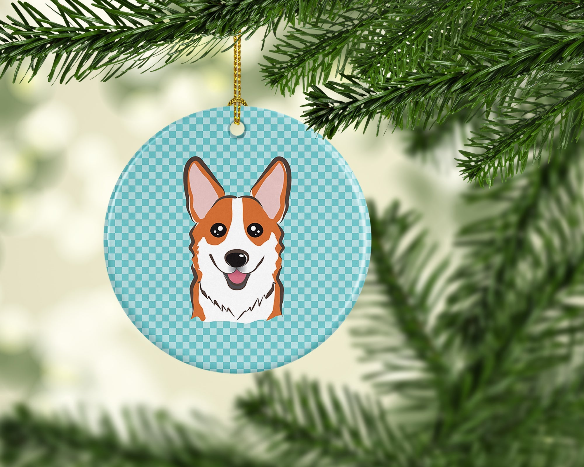 Checkerboard Blue Corgi Ceramic Ornament Christmas Tree Hanging Decorations for Home Christmas Holiday, Party, Gift, 3 in, Multicolor