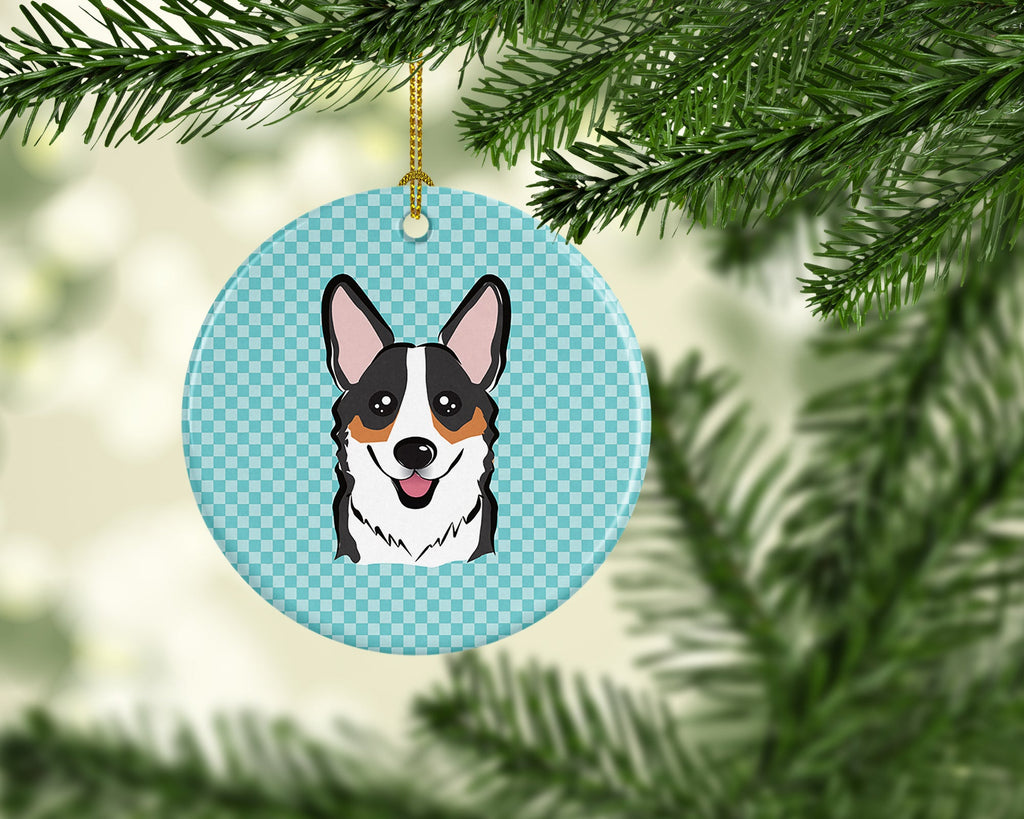 Checkerboard Blue Corgi Ceramic Ornament Christmas Tree Hanging Decorations for Home Christmas Holiday, Party, Gift, 3 in, Multicolor