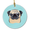 Checkerboard Blue Fawn Pug Ceramic Ornament Christmas Tree Hanging Decorations for Home Christmas Holiday, Party, Gift, 3 in, Multicolor