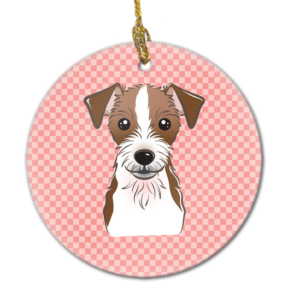 Checkerboard Pink Jack Russell Terrier Ceramic Ornament Christmas Tree Hanging Decorations for Home Christmas Holiday, Party, Gift, 3 in, Multicolor