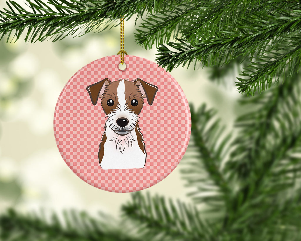 Checkerboard Pink Jack Russell Terrier Ceramic Ornament Christmas Tree Hanging Decorations for Home Christmas Holiday, Party, Gift, 3 in, Multicolor