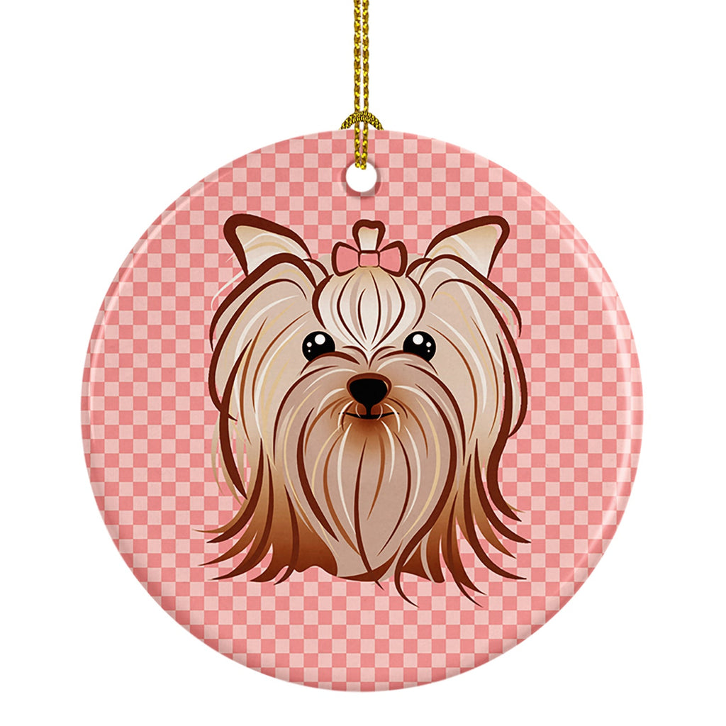Checkerboard Pink Yorkie Yorkishire Terrier Ceramic Ornament Christmas Tree Hanging Decorations for Home Christmas Holiday, Party, Gift, 3 in, Multicolor