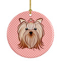 Checkerboard Pink Yorkie Yorkishire Terrier Ceramic Ornament Christmas Tree Hanging Decorations for Home Christmas Holiday, Party, Gift, 3 in, Multicolor