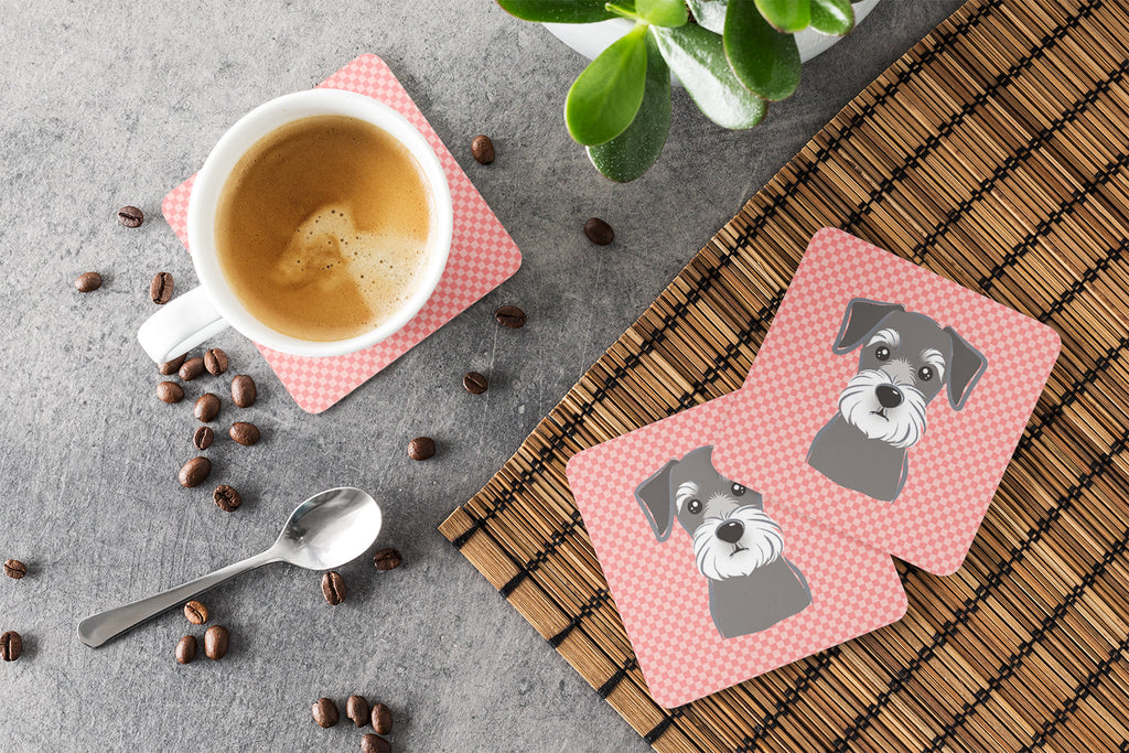 Checkerboard Pink Schnauzer Foam Coasters Set of 4 Cup Coasters for Indoor Outdoor, Tabletop Protection, Anti Slip, Mouse pad Material