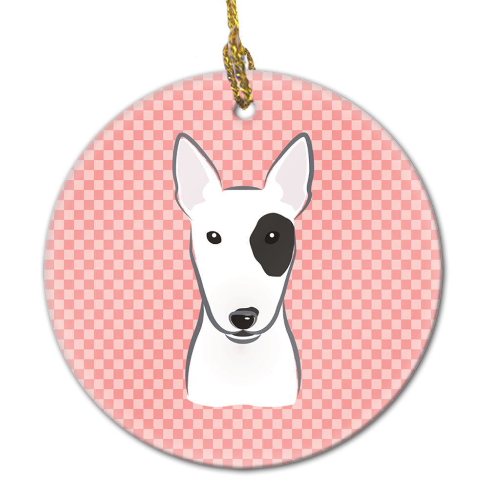Checkerboard Pink Bull Terrier Ceramic Ornament Christmas Tree Hanging Decorations for Home Christmas Holiday, Party, Gift, 3 in, Multicolor