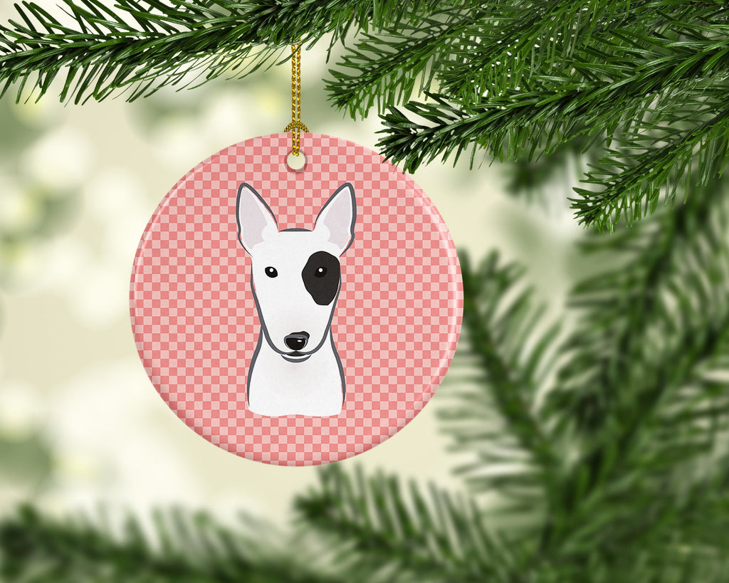 Checkerboard Pink Bull Terrier Ceramic Ornament Christmas Tree Hanging Decorations for Home Christmas Holiday, Party, Gift, 3 in, Multicolor