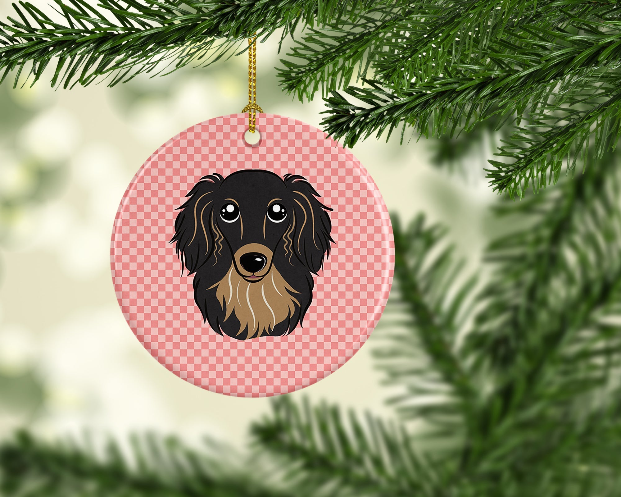 Checkerboard Pink Longhair Black and Tan Dachshund Ceramic Ornament Christmas Tree Hanging Decorations for Home Christmas Holiday, Party, Gift, 3 in, Multicolor