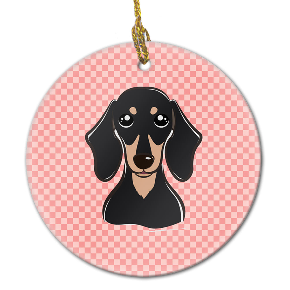 Checkerboard Pink Smooth Black and Tan Dachshund Ceramic Ornament Christmas Tree Hanging Decorations for Home Christmas Holiday, Party, Gift, 3 in, Multicolor