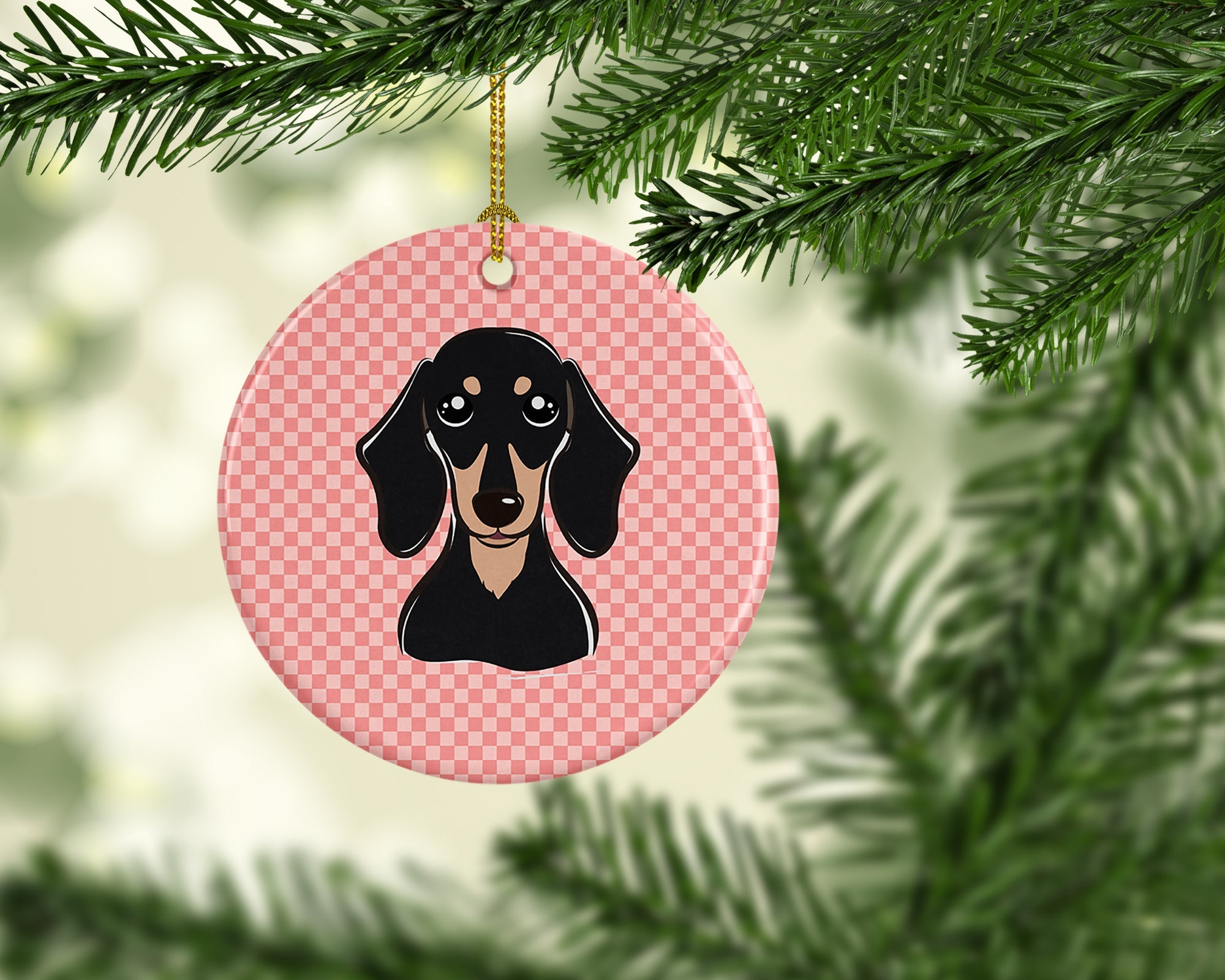 Checkerboard Pink Smooth Black and Tan Dachshund Ceramic Ornament Christmas Tree Hanging Decorations for Home Christmas Holiday, Party, Gift, 3 in, Multicolor