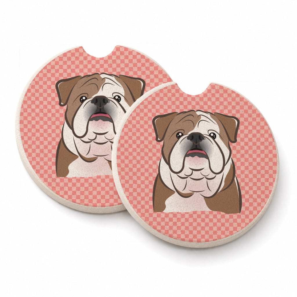 Checkerboard Pink English Bulldog Set of 2 Cup Holder Car Coasters Absorbent Round Sandstone Coasters Gifts for Men or Women, 2.5, Multicolor