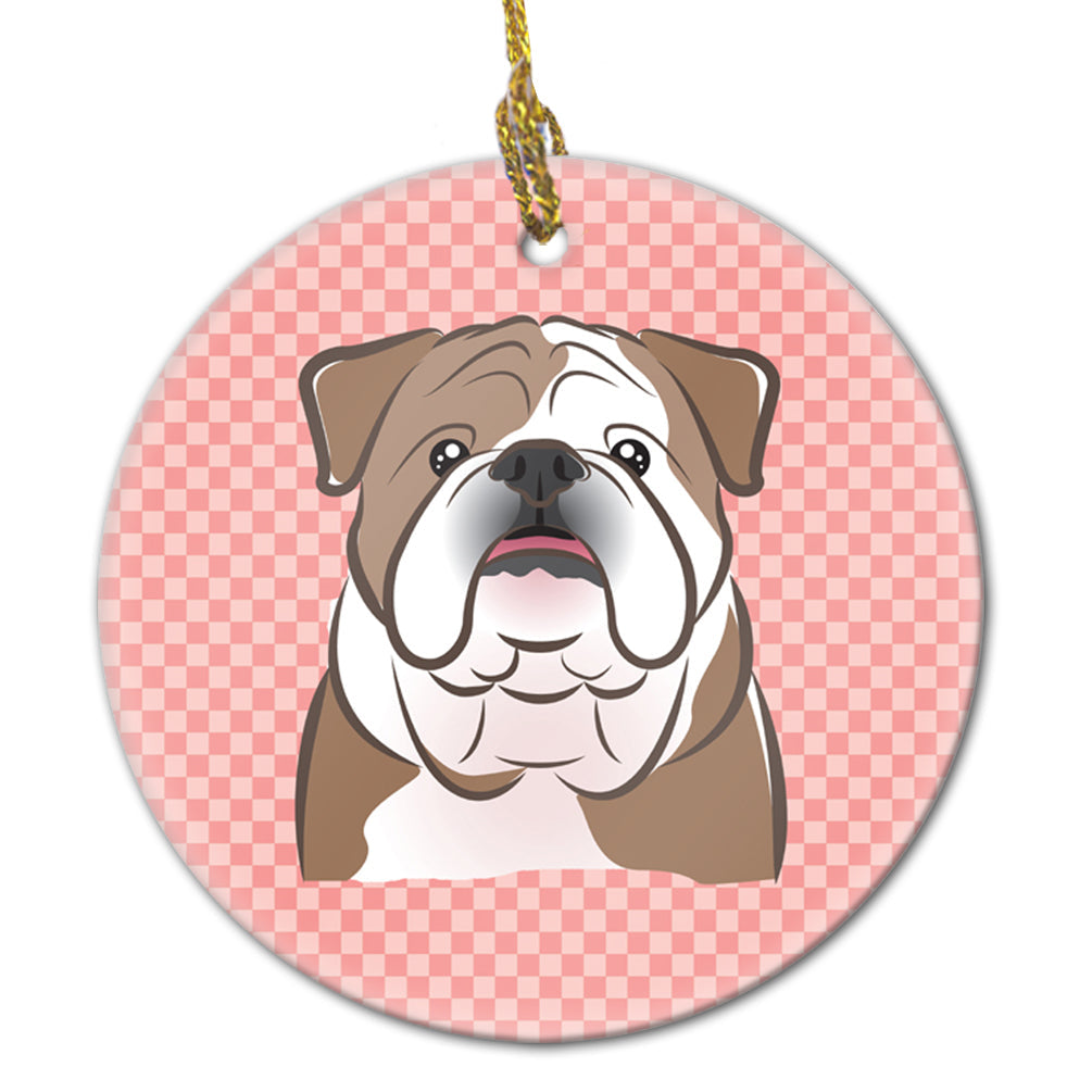 Checkerboard Pink English Bulldog  Ceramic Ornament Christmas Tree Hanging Decorations for Home Christmas Holiday, Party, Gift, 3 in, Multicolor