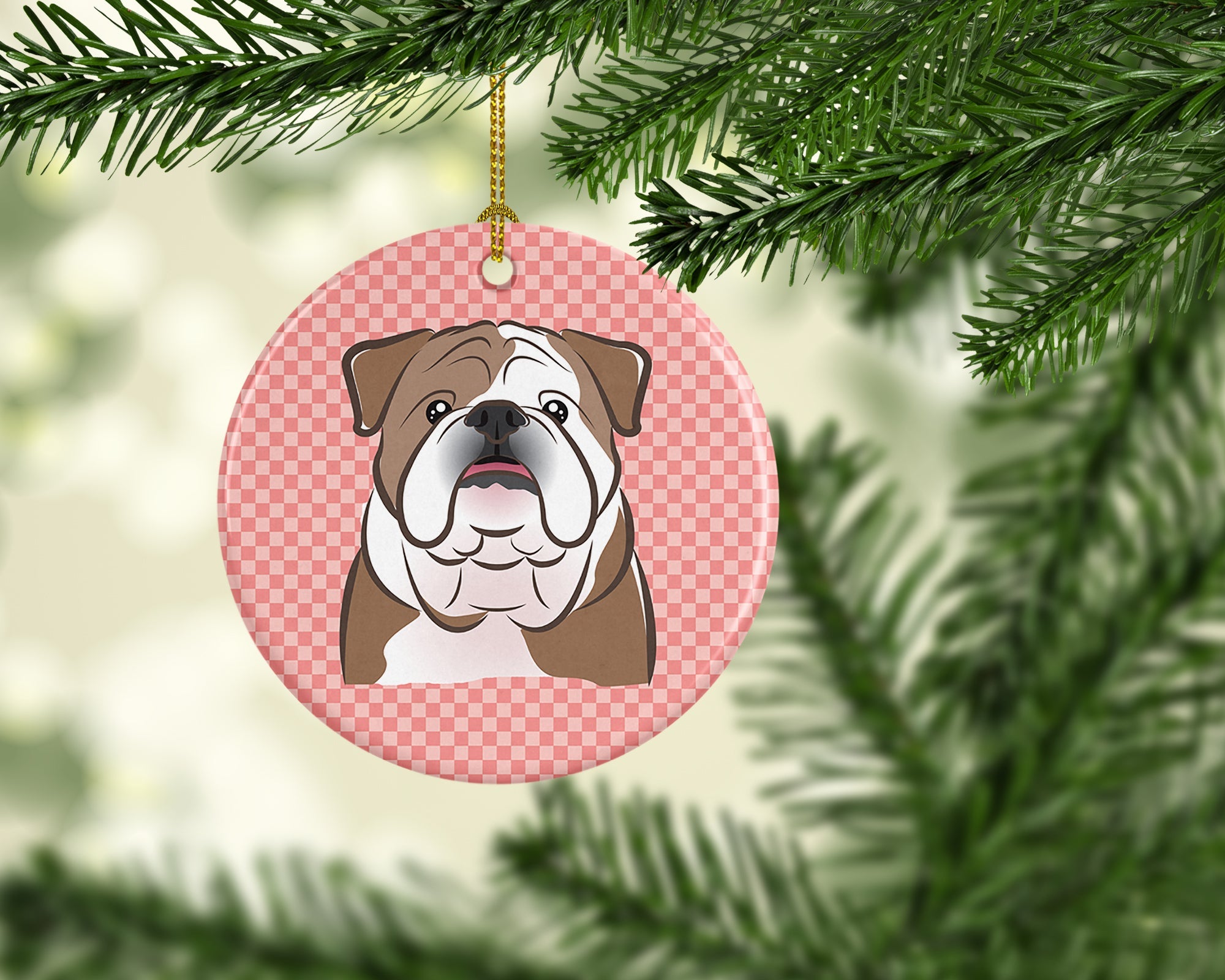 Checkerboard Pink English Bulldog  Ceramic Ornament Christmas Tree Hanging Decorations for Home Christmas Holiday, Party, Gift, 3 in, Multicolor