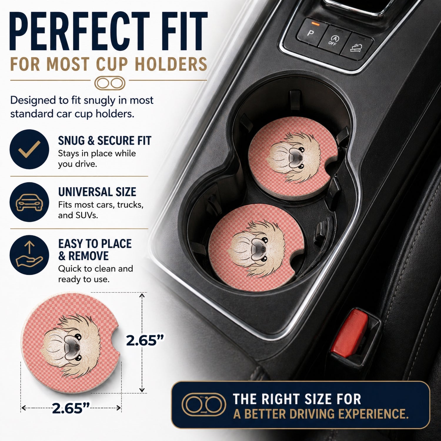 Checkerboard Pink Pekingese Set of 2 Cup Holder Car Coasters Absorbent Round Sandstone Coasters Gifts for Men or Women, 2.5, Multicolor