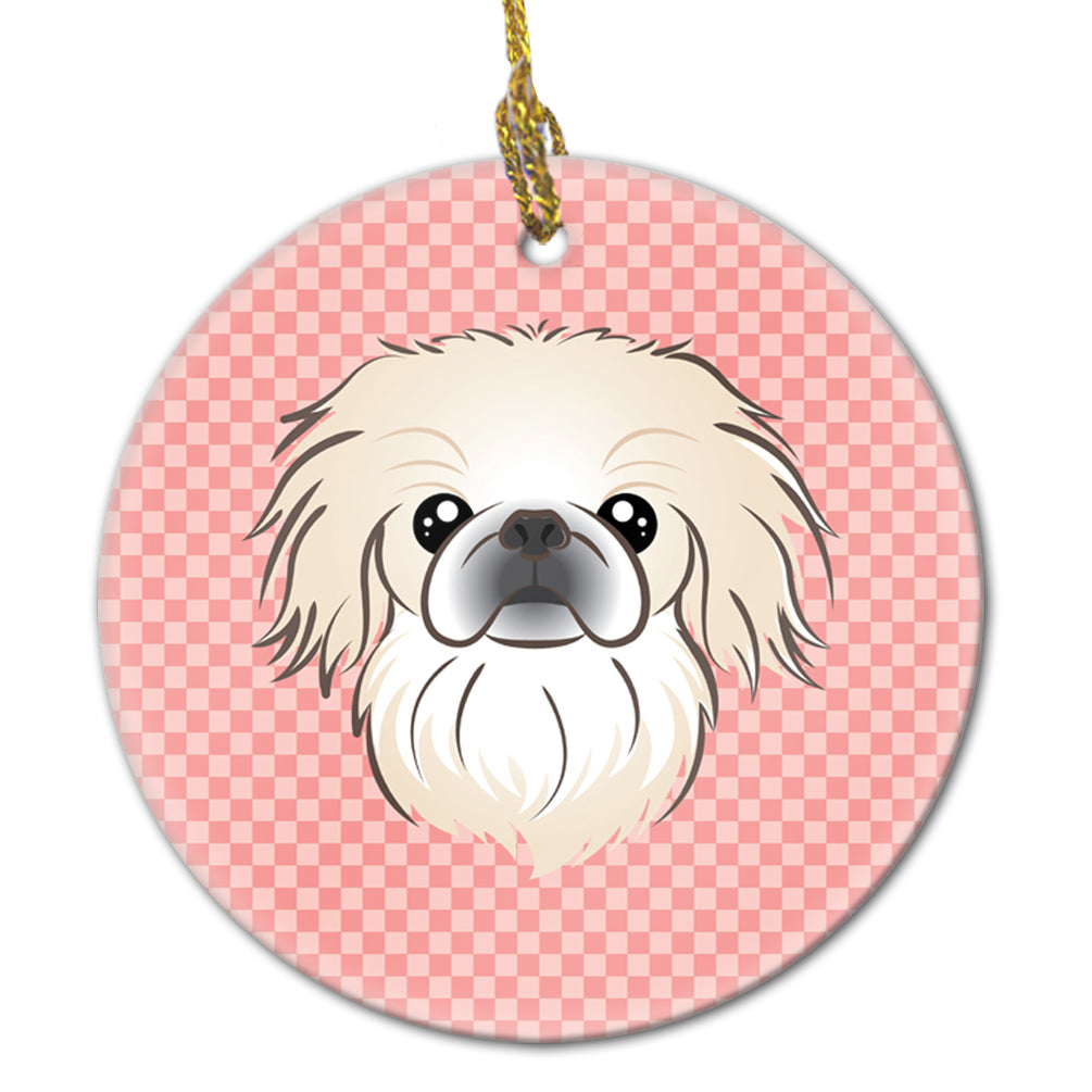 Checkerboard Pink Pekingese Ceramic Ornament Christmas Tree Hanging Decorations for Home Christmas Holiday, Party, Gift, 3 in, Multicolor