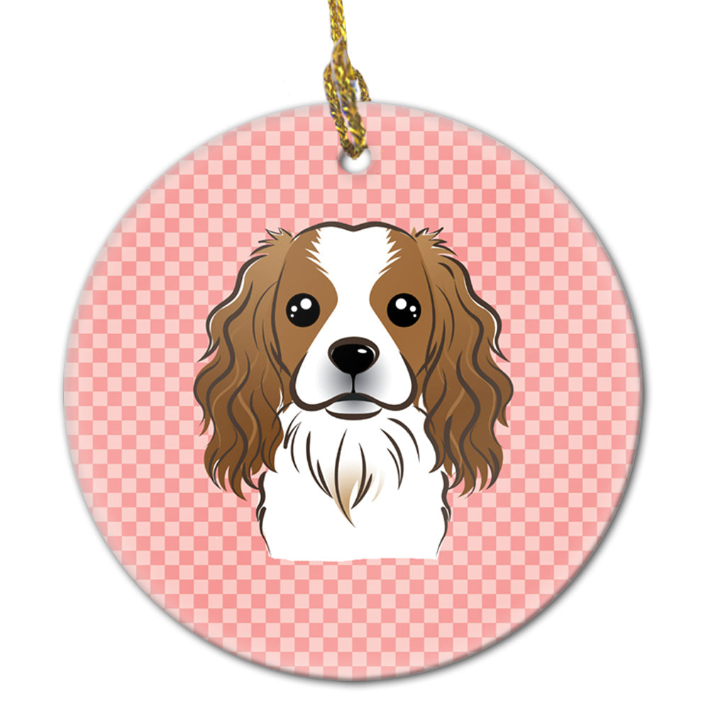 Checkerboard Pink Cavalier Spaniel Ceramic Ornament Christmas Tree Hanging Decorations for Home Christmas Holiday, Party, Gift, 3 in, Multicolor