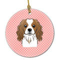 Checkerboard Pink Cavalier Spaniel Ceramic Ornament Christmas Tree Hanging Decorations for Home Christmas Holiday, Party, Gift, 3 in, Multicolor