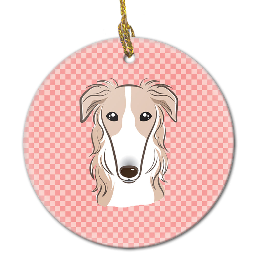 Checkerboard Pink Borzoi Ceramic Ornament Christmas Tree Hanging Decorations for Home Christmas Holiday, Party, Gift, 3 in, Multicolor
