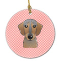 Checkerboard Pink Wirehaired Dachshund Ceramic Ornament Christmas Tree Hanging Decorations for Home Christmas Holiday, Party, Gift, 3 in, Multicolor