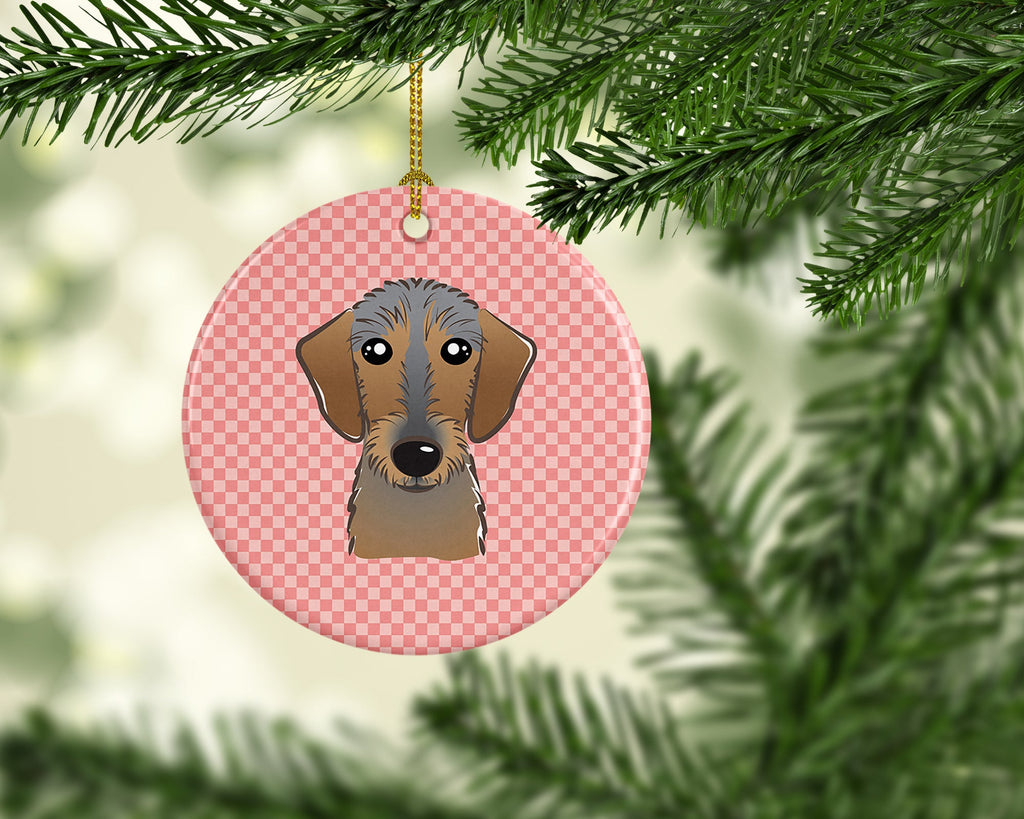 Checkerboard Pink Wirehaired Dachshund Ceramic Ornament Christmas Tree Hanging Decorations for Home Christmas Holiday, Party, Gift, 3 in, Multicolor