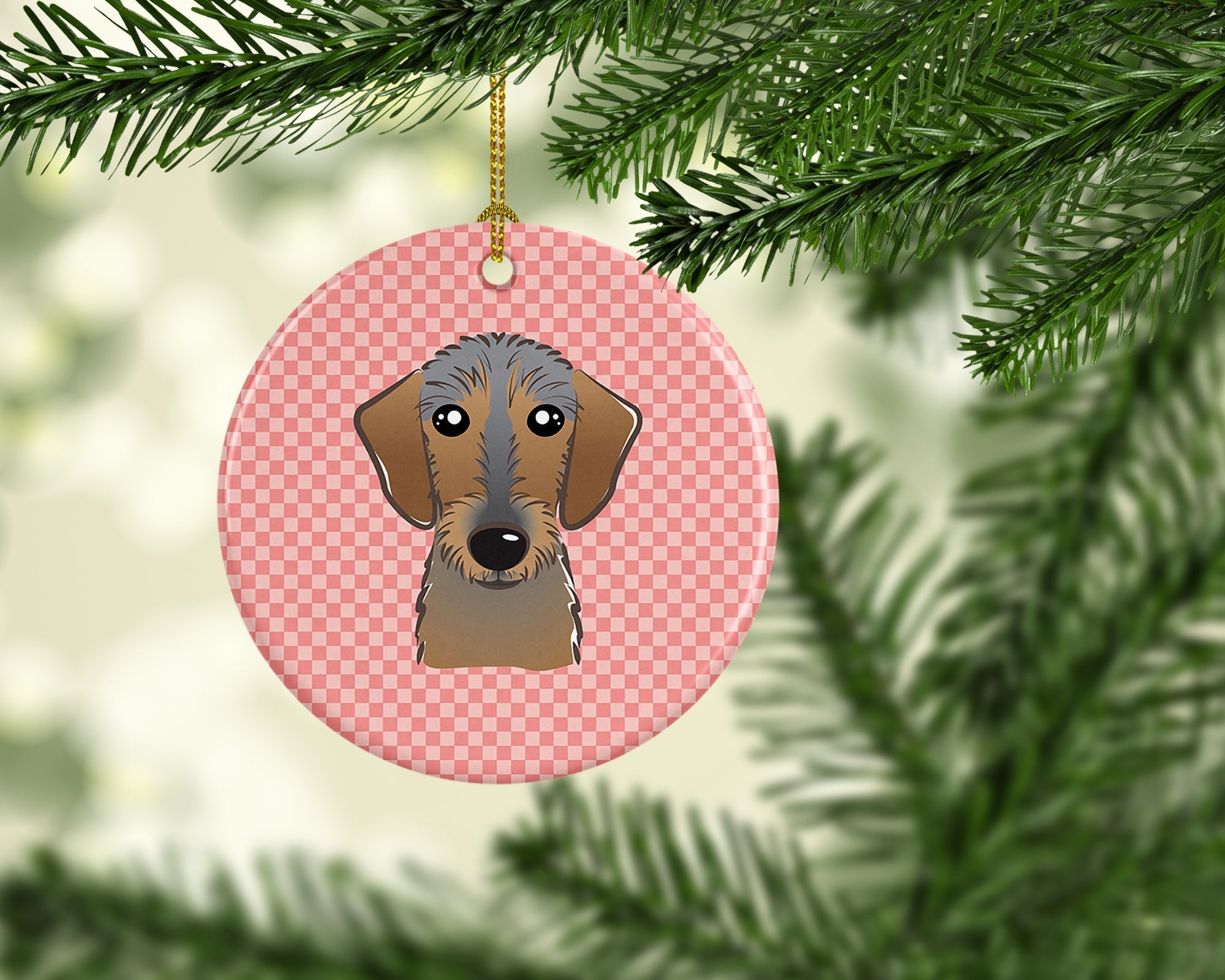 Checkerboard Pink Wirehaired Dachshund Ceramic Ornament Christmas Tree Hanging Decorations for Home Christmas Holiday, Party, Gift, 3 in, Multicolor