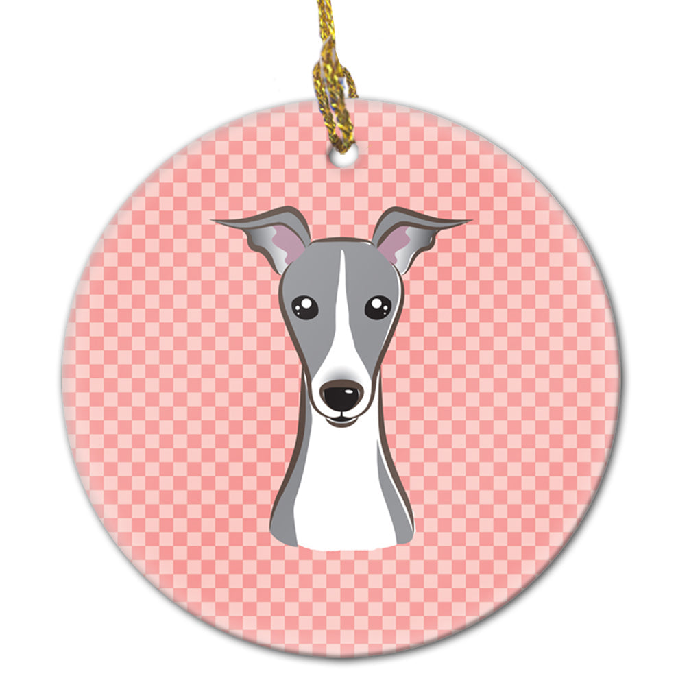 Checkerboard Pink Italian Greyhound Ceramic Ornament Christmas Tree Hanging Decorations for Home Christmas Holiday, Party, Gift, 3 in, Multicolor