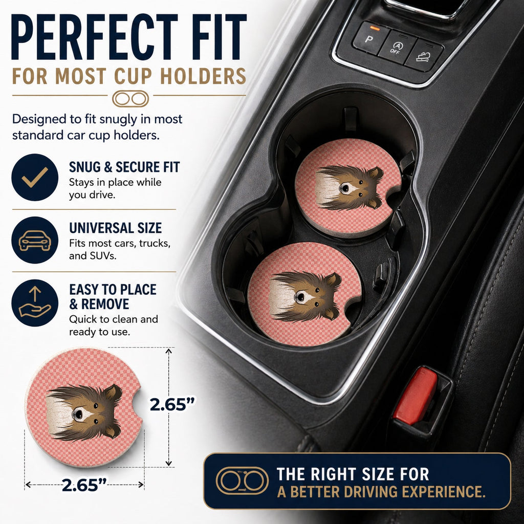 Checkerboard Pink Sheltie Set of 2 Cup Holder Car Coasters Absorbent Round Sandstone Coasters Gifts for Men or Women, 2.5, Multicolor