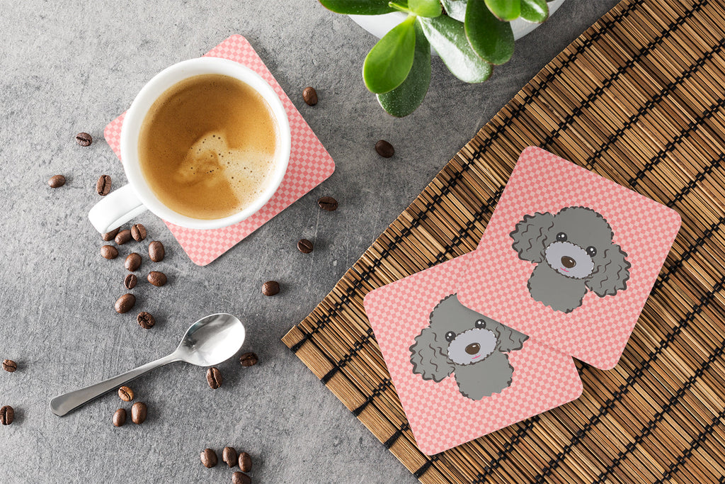 Checkerboard Pink Silver Gray Poodle Foam Coasters Set of 4 Cup Coasters for Indoor Outdoor, Tabletop Protection, Anti Slip, Mouse pad Material