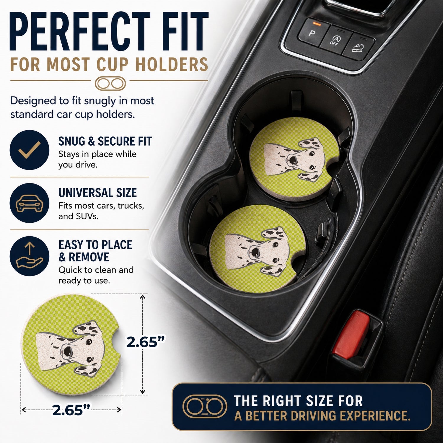 Checkerboard Lime Green Dalmatian Set of 2 Cup Holder Car Coasters Absorbent Round Sandstone Coasters Gifts for Men or Women, 2.5, Multicolor