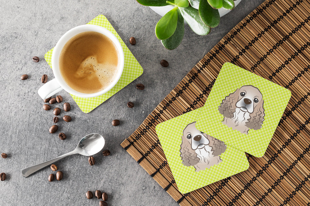 Checkerboard Lime Green Cocker Spaniel Foam Coasters Set of 4 Cup Coasters for Indoor Outdoor, Tabletop Protection, Anti Slip, Mouse pad Material