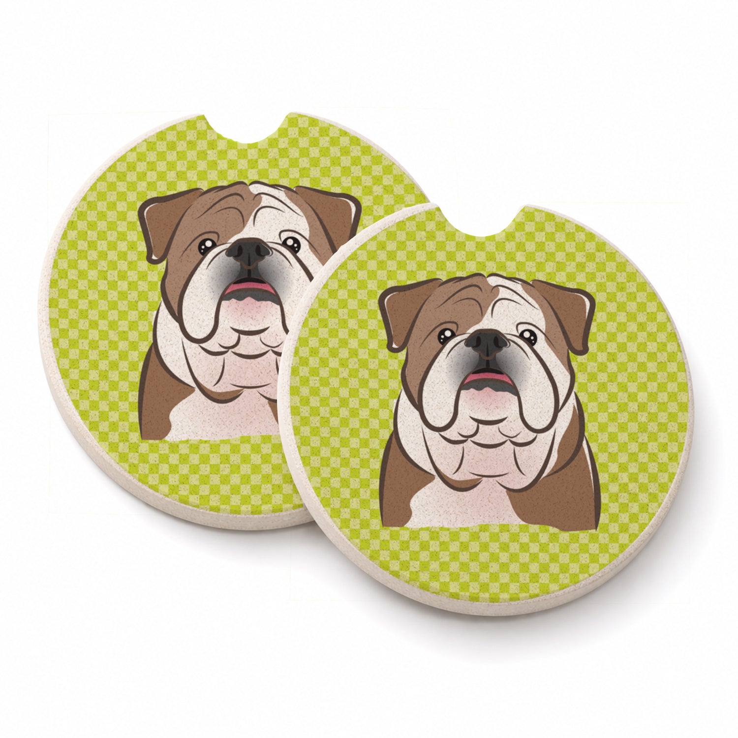 Checkerboard Lime Green English Bulldog Set of 2 Cup Holder Car Coasters Absorbent Round Sandstone Coasters Gifts for Men or Women, 2.5, Multicolor