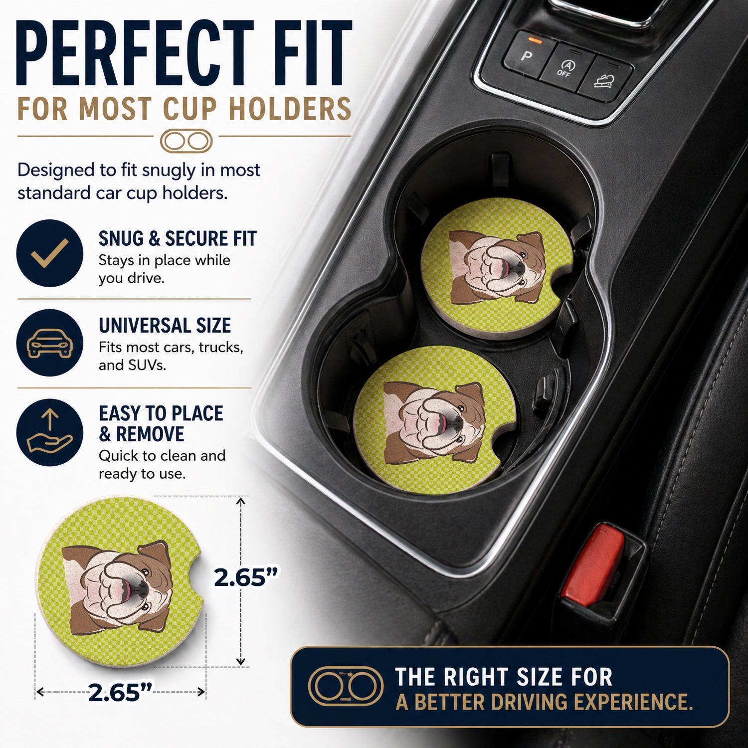 Checkerboard Lime Green English Bulldog Set of 2 Cup Holder Car Coasters Absorbent Round Sandstone Coasters Gifts for Men or Women, 2.5, Multicolor