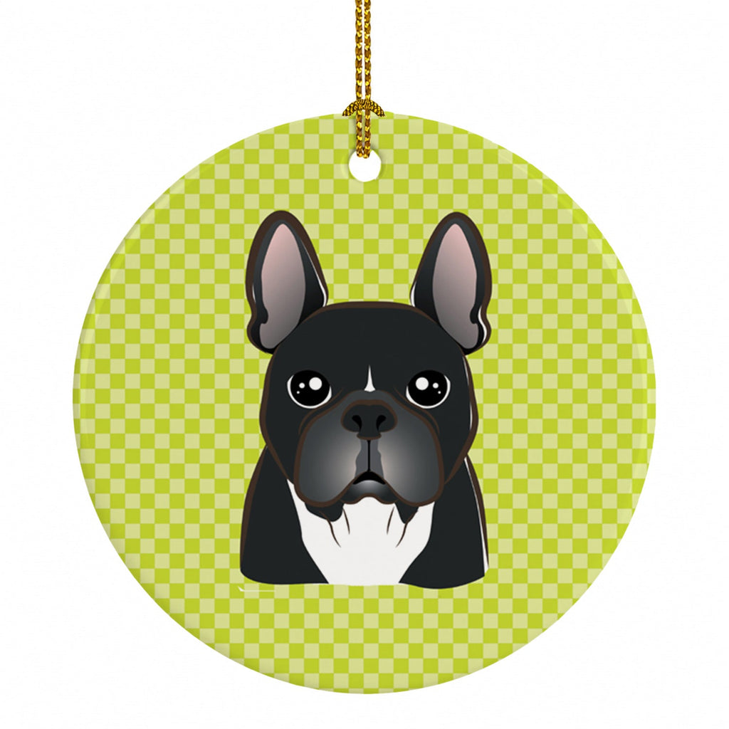 Checkerboard Lime Green French Bulldog Ceramic Ornament Christmas Tree Hanging Decorations for Home Christmas Holiday, Party, Gift, 3 in, Multicolor