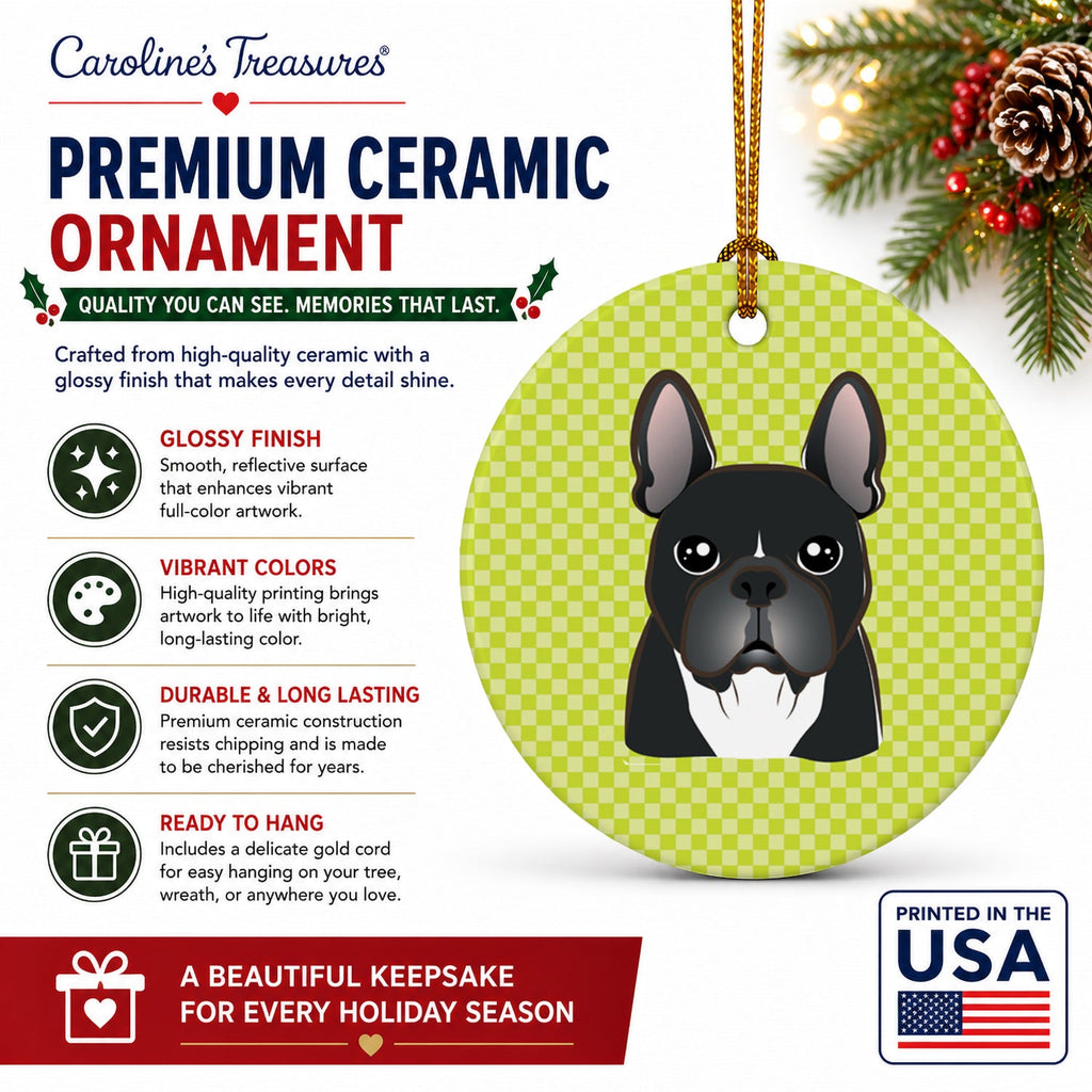 Checkerboard Lime Green French Bulldog Ceramic Ornament Christmas Tree Hanging Decorations for Home Christmas Holiday, Party, Gift, 3 in, Multicolor