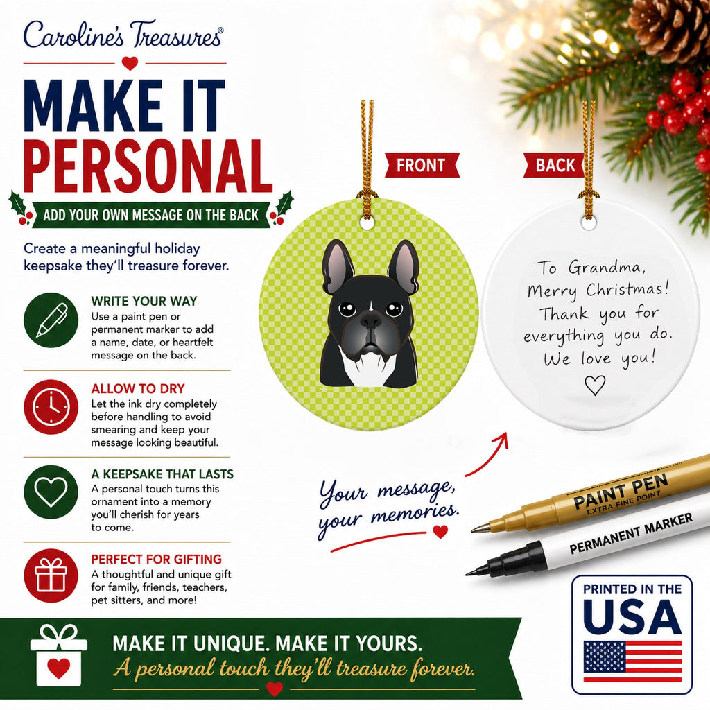Checkerboard Lime Green French Bulldog Ceramic Ornament Christmas Tree Hanging Decorations for Home Christmas Holiday, Party, Gift, 3 in, Multicolor