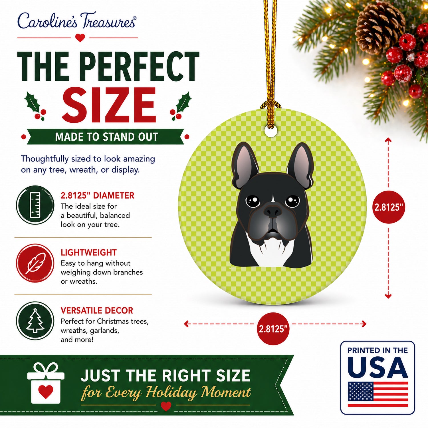 Checkerboard Lime Green French Bulldog Ceramic Ornament Christmas Tree Hanging Decorations for Home Christmas Holiday, Party, Gift, 3 in, Multicolor