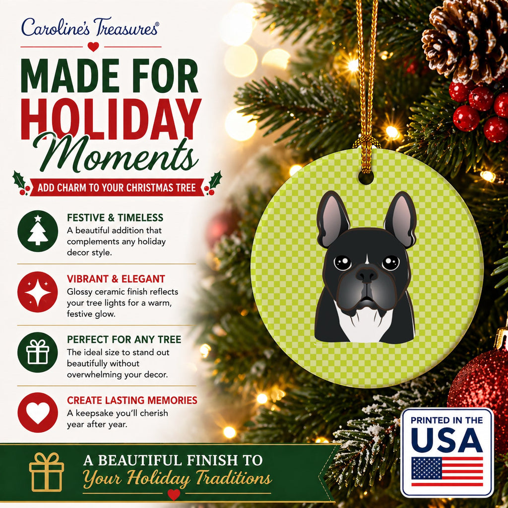Checkerboard Lime Green French Bulldog Ceramic Ornament Christmas Tree Hanging Decorations for Home Christmas Holiday, Party, Gift, 3 in, Multicolor