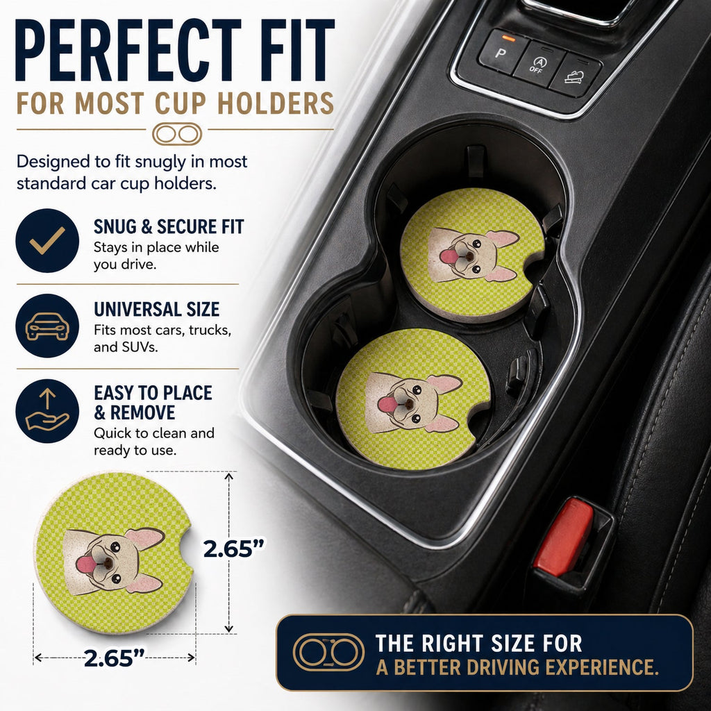 Checkerboard Lime Green French Bulldog Set of 2 Cup Holder Car Coasters Absorbent Round Sandstone Coasters Gifts for Men or Women, 2.5, Multicolor
