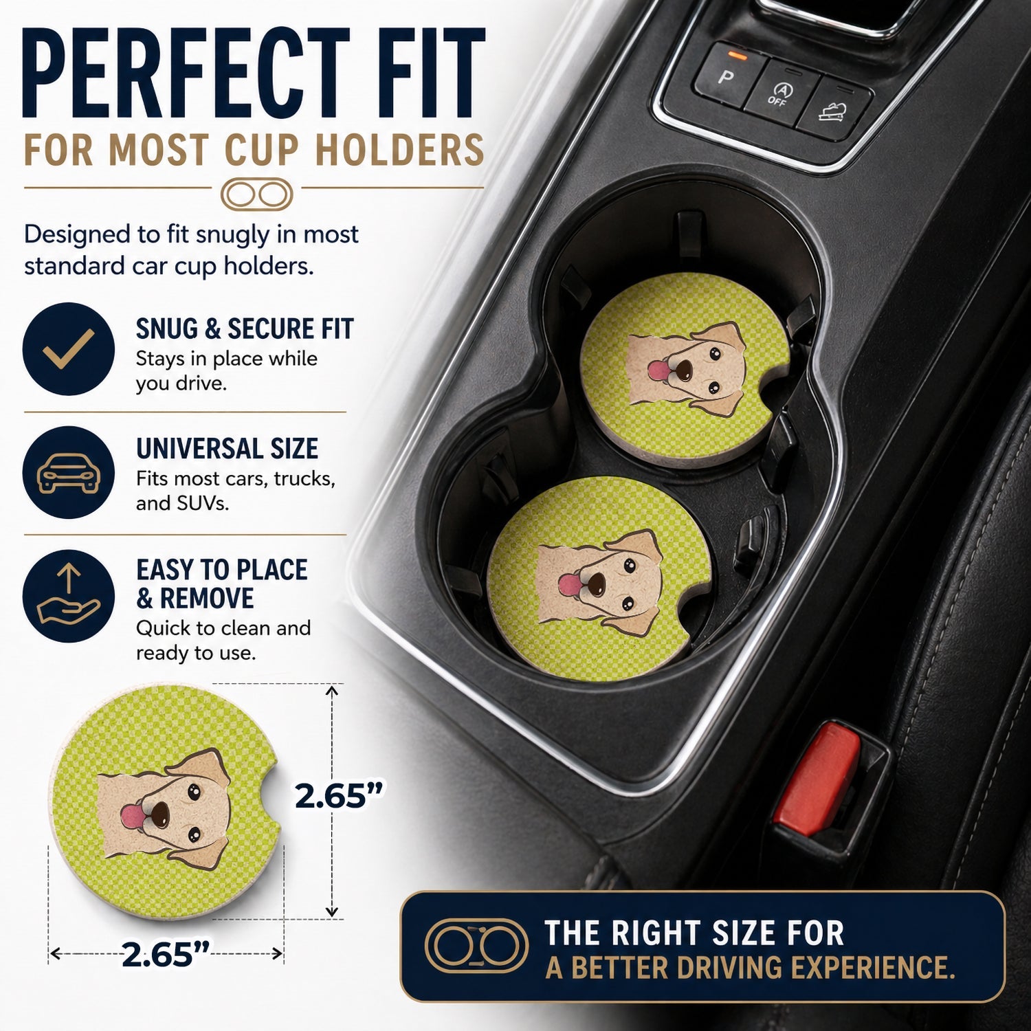Checkerboard Lime Green Golden Retriever Set of 2 Cup Holder Car Coasters Absorbent Round Sandstone Coasters Gifts for Men or Women, 2.5, Multicolor