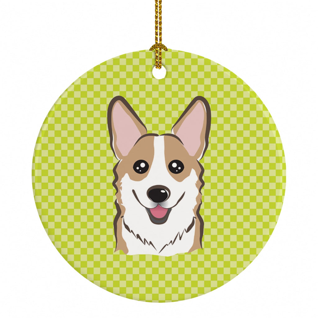 Checkerboard Lime Green Corgi Ceramic Ornament Christmas Tree Hanging Decorations for Home Christmas Holiday, Party, Gift, 3 in, Multicolor