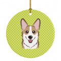 Checkerboard Lime Green Corgi Ceramic Ornament Christmas Tree Hanging Decorations for Home Christmas Holiday, Party, Gift, 3 in, Multicolor
