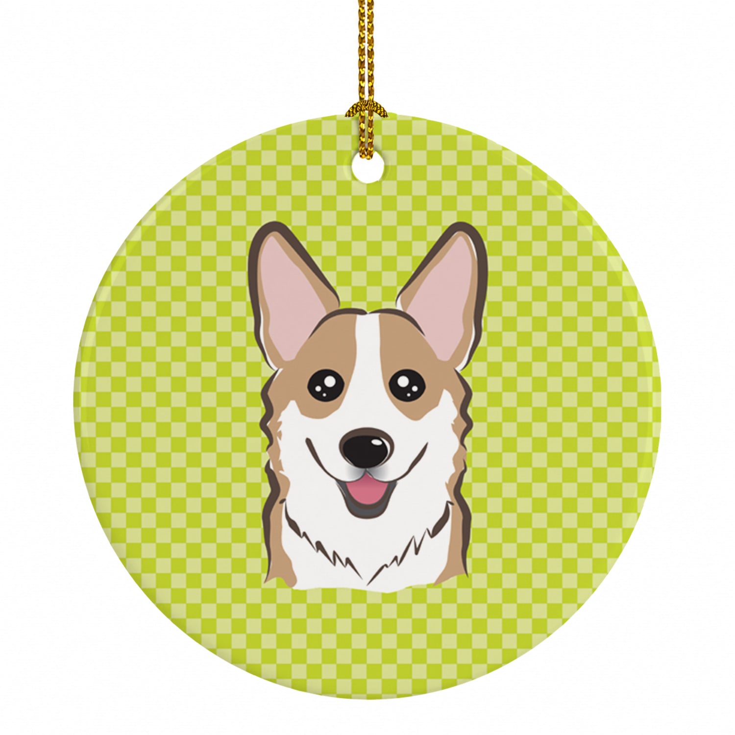 Checkerboard Lime Green Corgi Ceramic Ornament Christmas Tree Hanging Decorations for Home Christmas Holiday, Party, Gift, 3 in, Multicolor