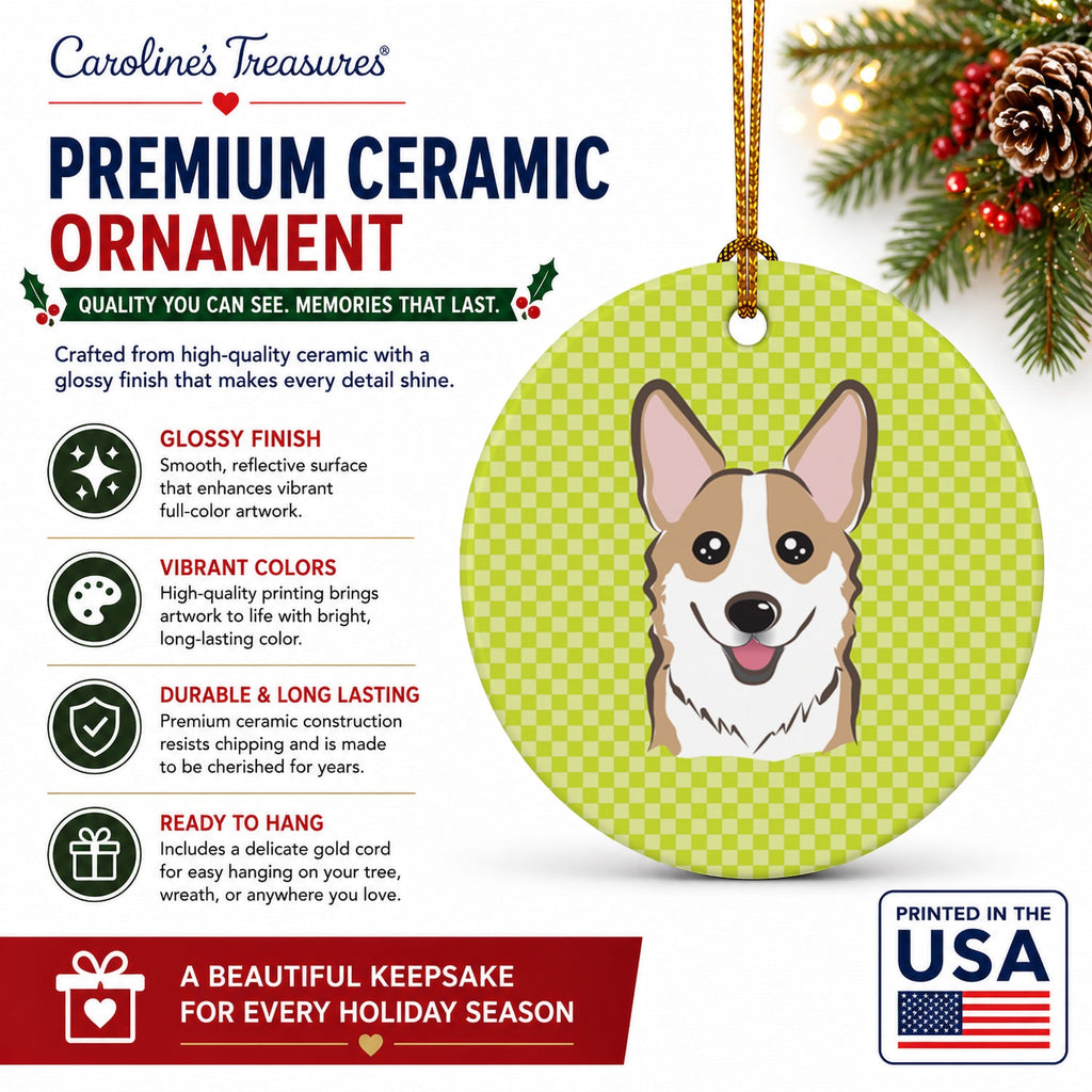 Checkerboard Lime Green Corgi Ceramic Ornament Christmas Tree Hanging Decorations for Home Christmas Holiday, Party, Gift, 3 in, Multicolor
