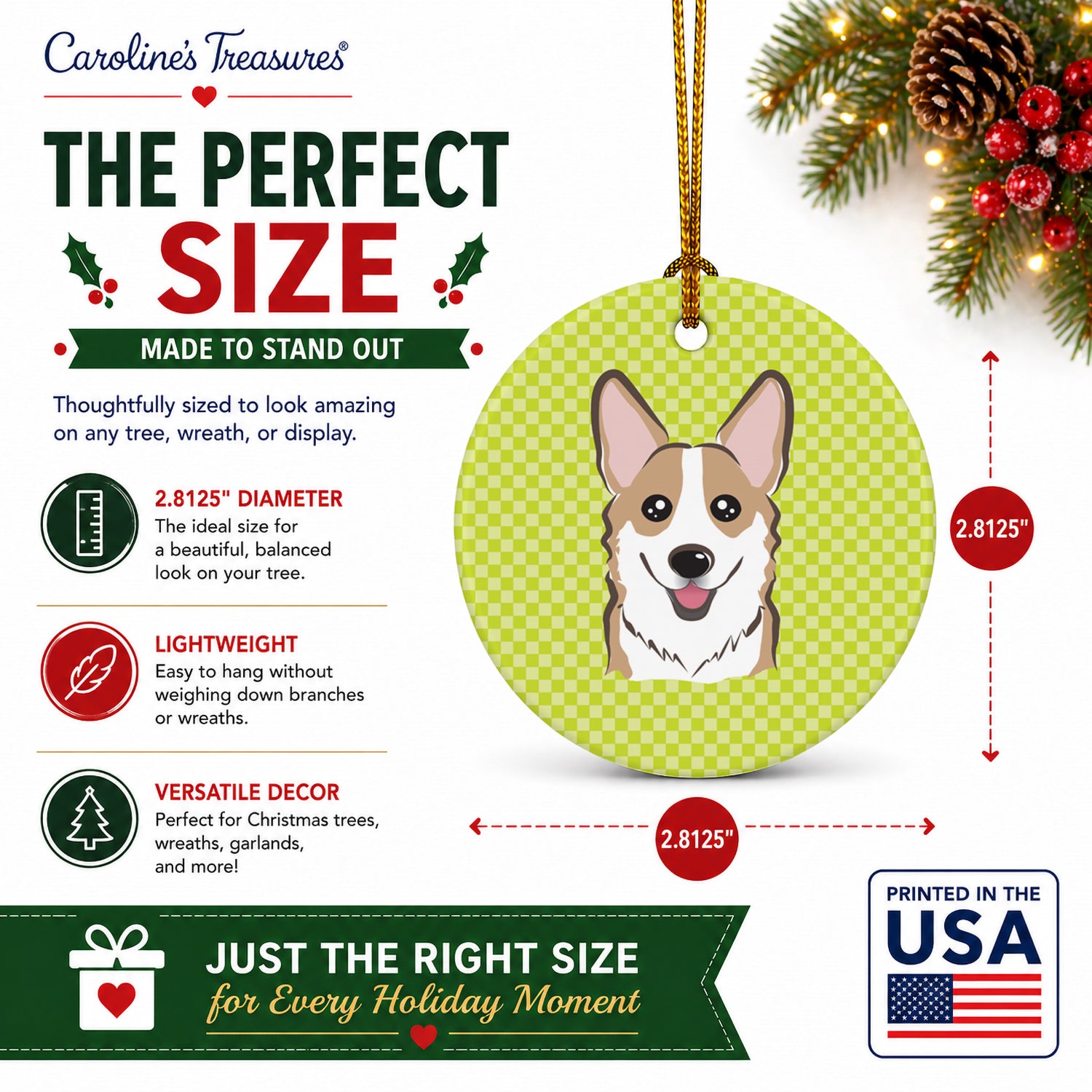 Checkerboard Lime Green Corgi Ceramic Ornament Christmas Tree Hanging Decorations for Home Christmas Holiday, Party, Gift, 3 in, Multicolor