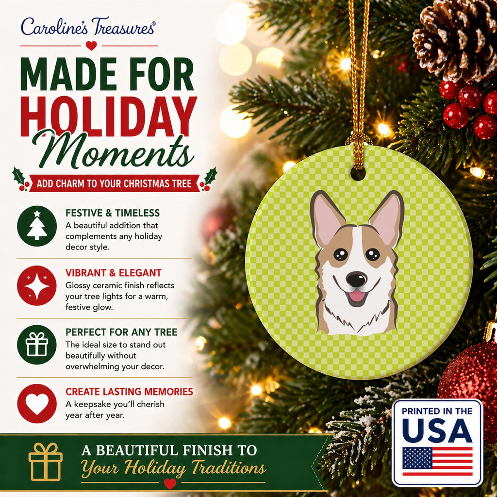 Checkerboard Lime Green Corgi Ceramic Ornament Christmas Tree Hanging Decorations for Home Christmas Holiday, Party, Gift, 3 in, Multicolor
