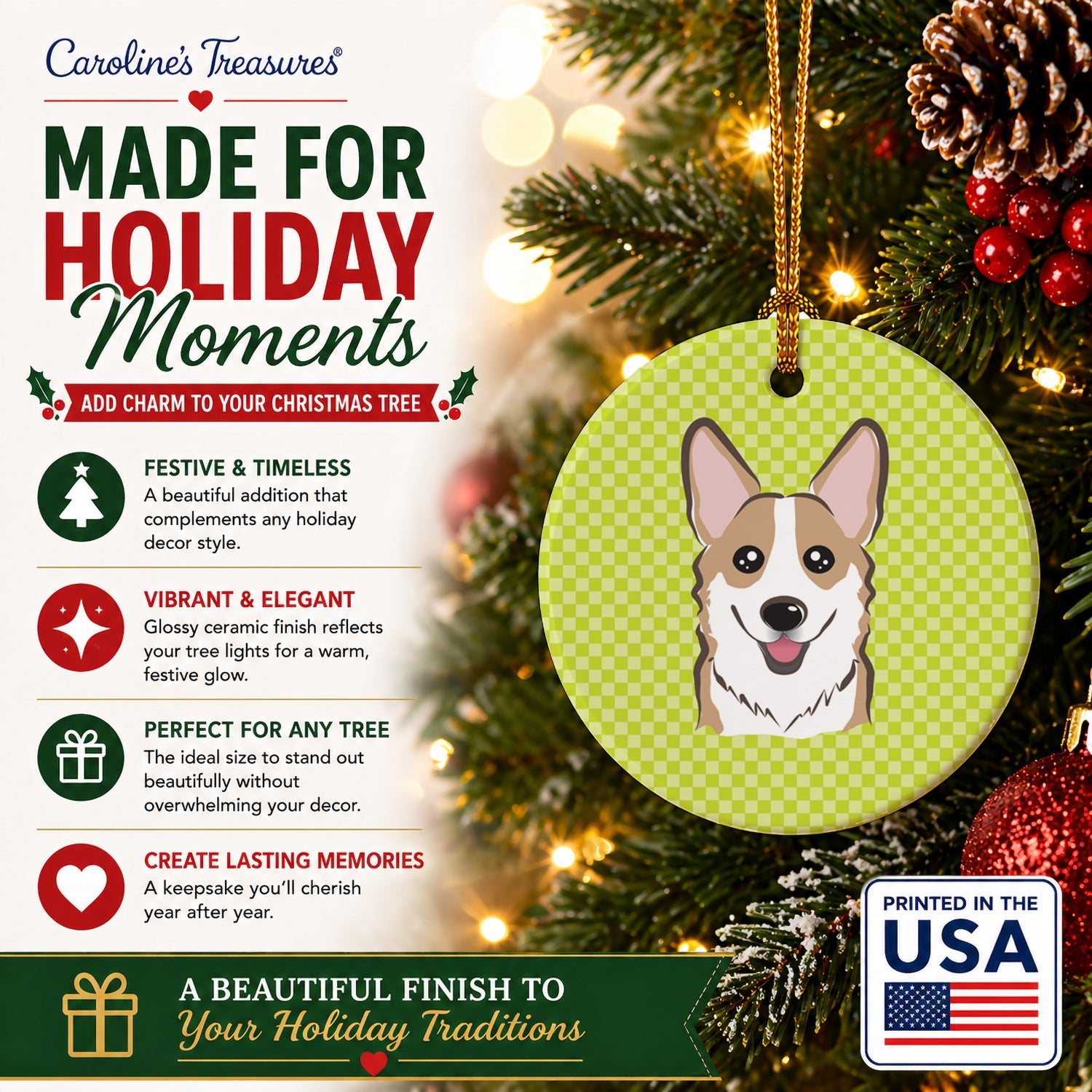 Checkerboard Lime Green Corgi Ceramic Ornament Christmas Tree Hanging Decorations for Home Christmas Holiday, Party, Gift, 3 in, Multicolor