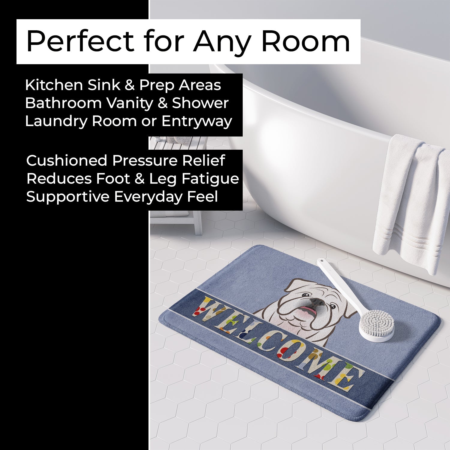 White English Bulldog Welcome Memory Foam Kitchen Mat Machine Washable Anti-Fatigue Cushion Comfort Bath or Kitchen Rug